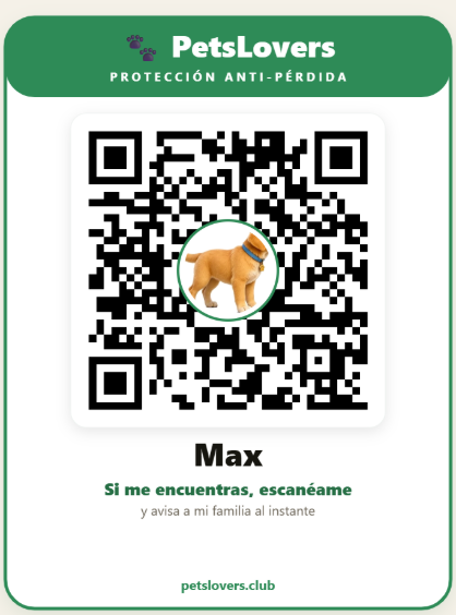 La placa: un QR con la foto de la mascota al centro, su nombre y la marca PetsLovers.